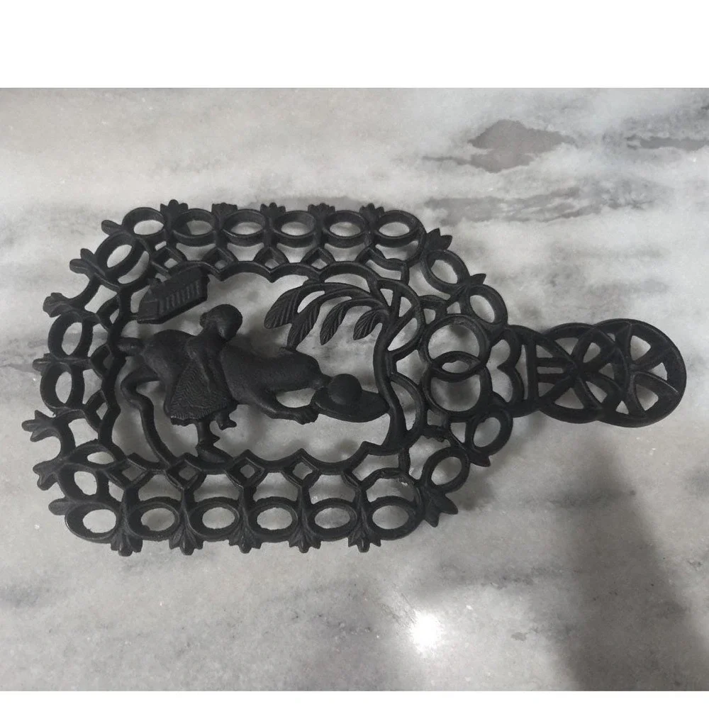Virginia Metalcrafters Cast Iron Trivet, Vintage Girl Playing Ball W/ Dog Design